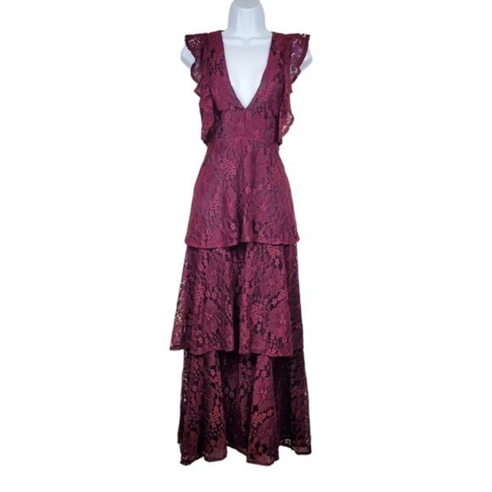 Lulu's Womens Molinetto Sleeveless Burgundy Lace Ruffled Maxi Dress Size S NWT